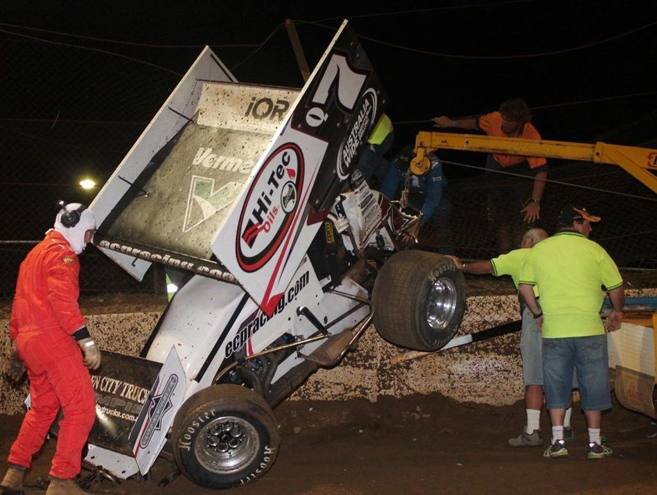 Car 7 gets stuck in the catch fence at the Easter Tri-City Shootout on Friday Car 7 gets stuck in the catch fence at the Easter Tri-City Shootout on Friday